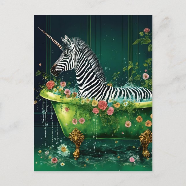 Cute Unicorn Zebra i Bathtub Vykort (Framsida)