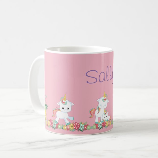 Cute Unicorns and Blommigt Personlig Kaffemugg (Framsida vänster)