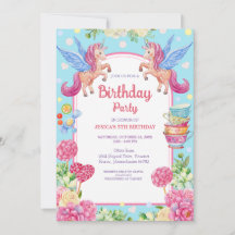 Cute Unicorns Flowers Watercolor Birthday Invati