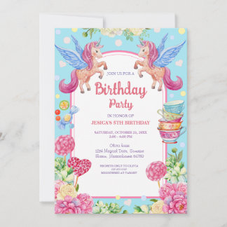 Cute Unicorns Flowers Watercolor Birthday Invati Inbjudningar