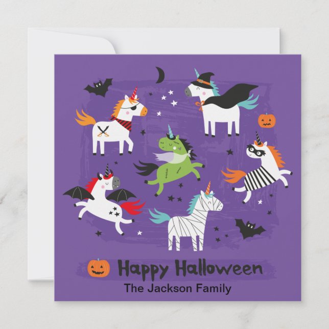 Cute Unicorns in Halloween Costumes Tack Kort (Framsida)