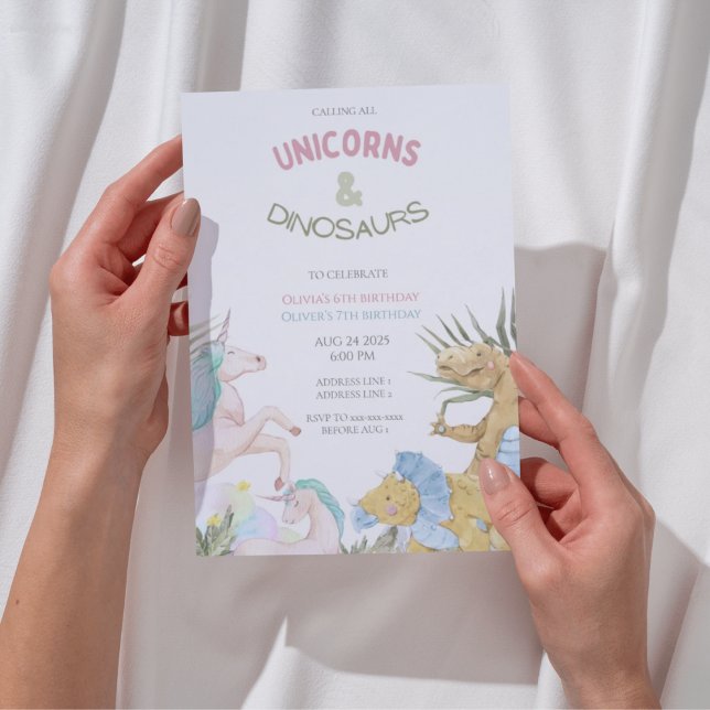 Cute Unicorns och dinosauuras gemensamma syskon-fö Inbjudningar (Skapare uppladdad)