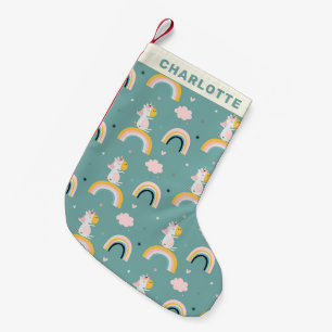 Cute Unicorns och Rainbows Teal Personlig Liten Julstrumpa