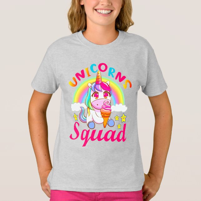 Cute Unicorns Squad Rainbow Ice-kräm Girls T Shirt (Framsida)