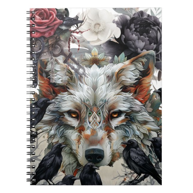 Cute Unique Boho Wolf Raven & Florals Notebook Anteckningsbok (Framsidan)