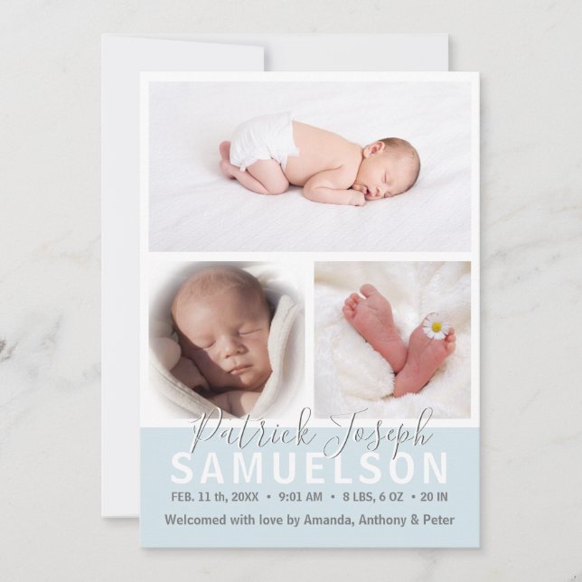 Cute Unique Nyfödd bebis Birth BOY Collage | 3 FOT Meddelande (Framsida)