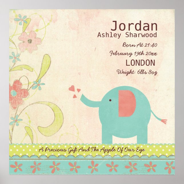 Cute Unisex Baby Birth Date Elephant Nursery Poster (Framsidan)