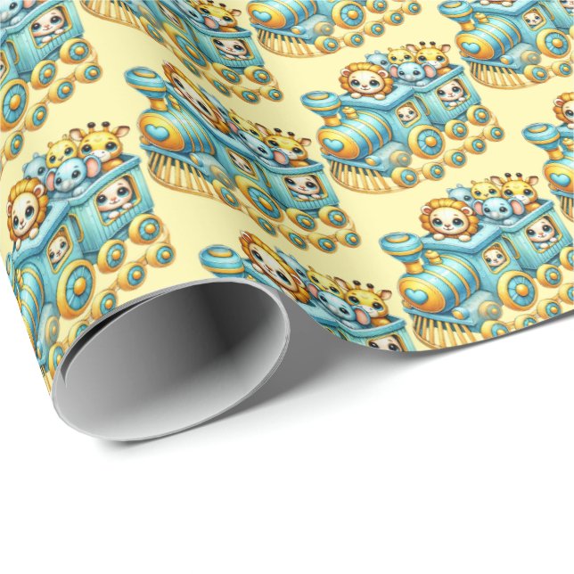 Cute unisex babyduschdjur tåg presentpapper (Rullad Hörn)