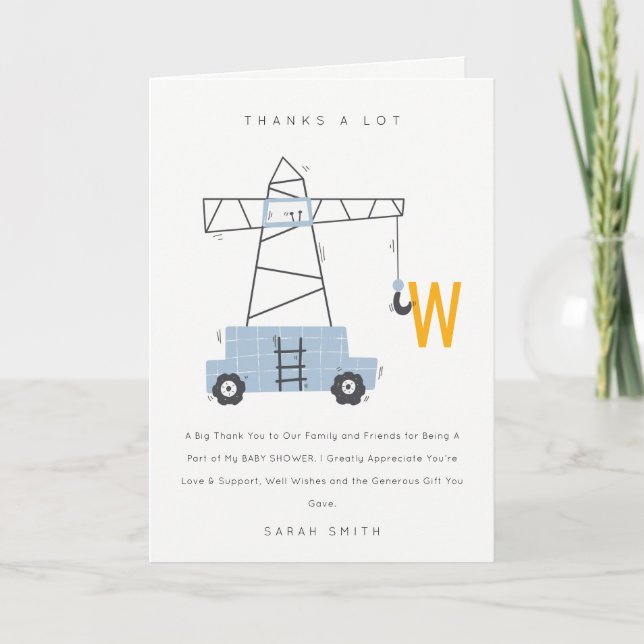 Cute Urban Construction Crane Boy's Baby Shower Tack Kort (Framsida)