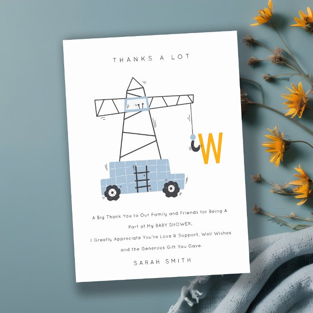 Cute Urban Construction Crane Boy's Baby Shower Tack Kort (Skapare uppladdad)