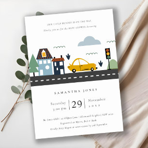 Cute Urban Fordon Cars Road Baby Shower Inbjudan