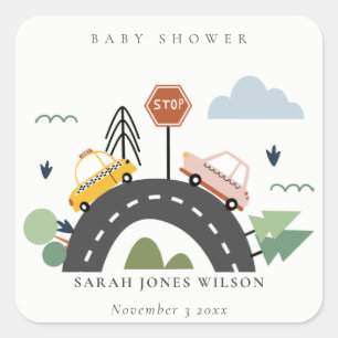 Cute Urban Fordon Cars Road Cityscape Baby Shower Fyrkantigt Klistermärke