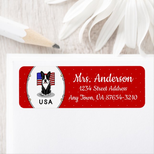 Cute USA American Flagga Boston Terrier Hund (svar Returadress Etikett (Insitu)
