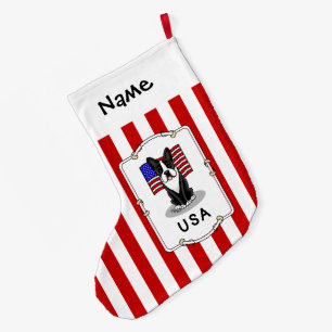 Cute USA American Flagga Boston Terrier Hund (svar Stor Julstrumpa