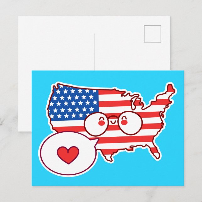 Cute USA Karta Flagga Vykort (Fram/baksida)