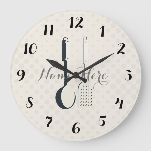 Cute Utensils Dots Add Namn Kitchen Clock Stor Klocka (Framsida)