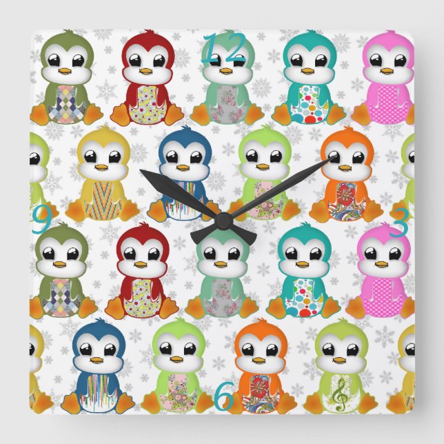 Cute, vackra, färgade penguiner fyrkantig klocka (Framsida)