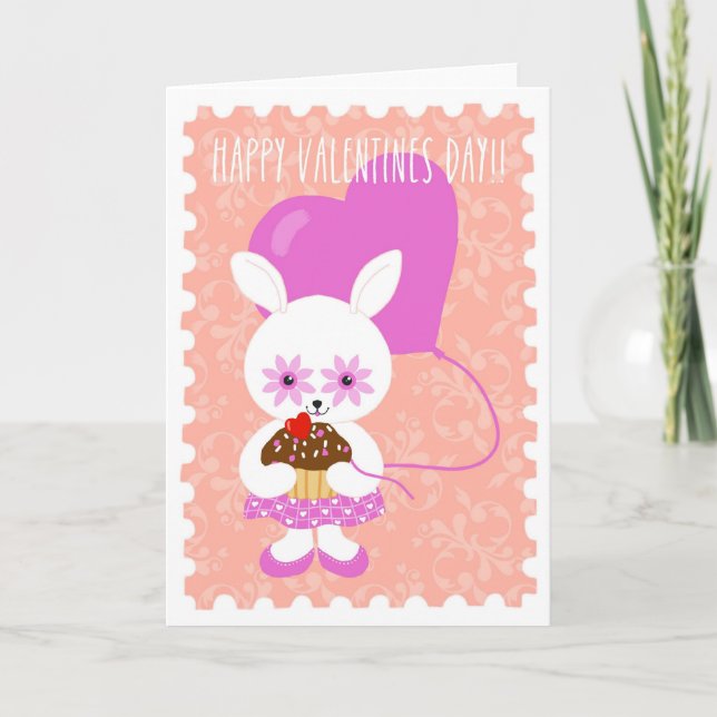 Cute Valentine Bunny with Cupcake Card Helgkort (Framsida)