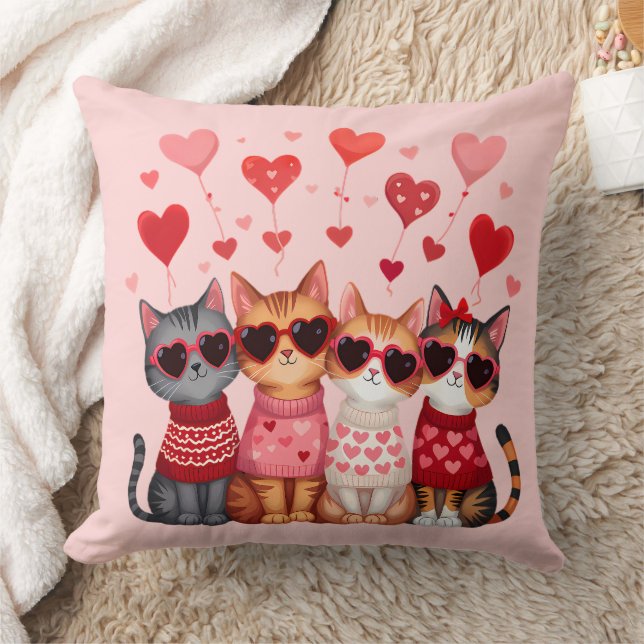 Cute Valentine Cats in Heart Sunglasses Kudde (Filt)
