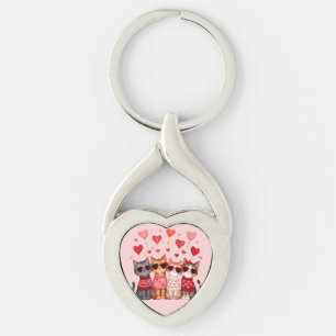 Cute Valentine Cats in Heart Sunglasses Twisted Heart Silverfärgad Nyckelring