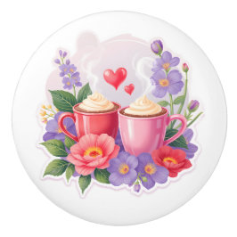 Cute Valentine Cocoa Mugs with Flowers & Hearts Knopp