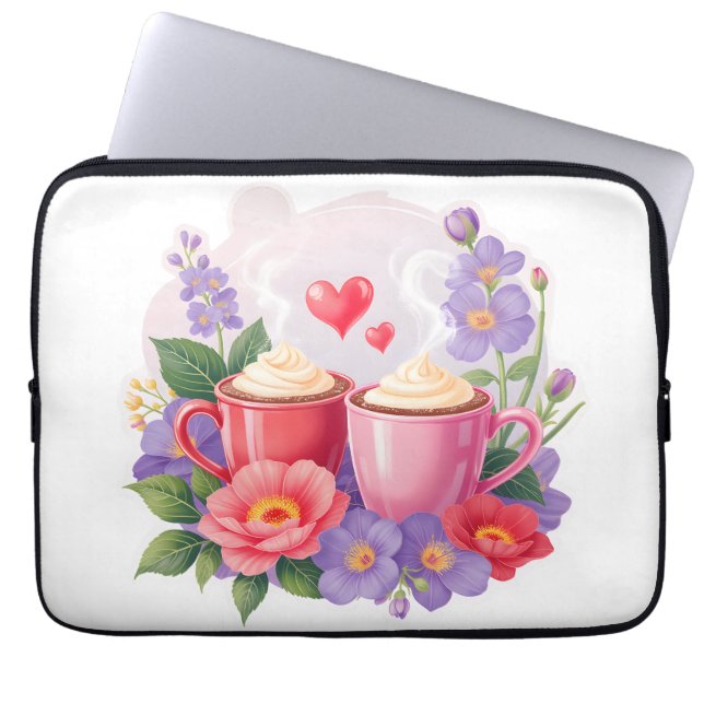 Cute Valentine Cocoa Mugs with Flowers & Hearts Laptop Fodral (Framsidan)