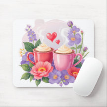 Cute Valentine Cocoa Mugs with Flowers & Hearts
