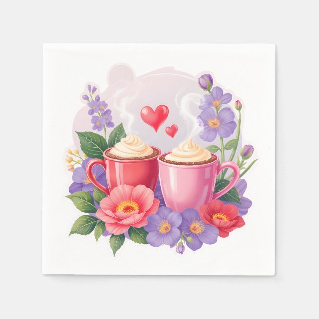 Cute Valentine Cocoa Mugs with Flowers & Hearts Pappersservett (Framsidan)