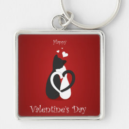 Cute Valentine Day Cats Kärlek Fyrkantig Silverfärgad Nyckelring
