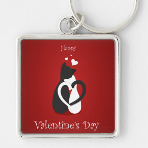 Cute Valentine Day Cats Kärlek Fyrkantig Silverfärgad Nyckelring