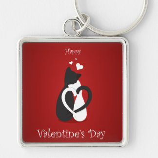 Cute Valentine Day Cats Kärlek Fyrkantig Silverfärgad Nyckelring