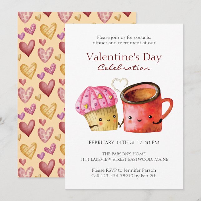 Cute Valentine Day Cupaka och Coffee Mugg Couple Inbjudningar (Fram/baksida)