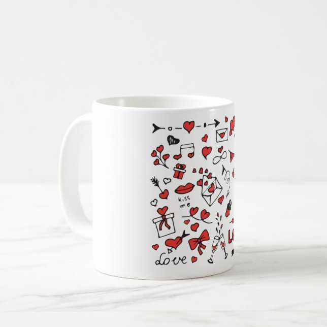 Cute Valentine Day Doodle Love Design on White Mug Kaffemugg (Framsida vänster)