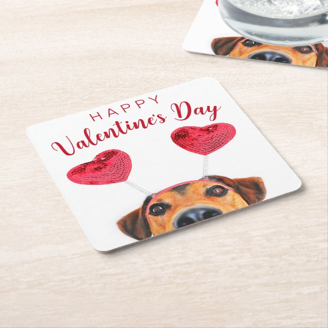 Cute Valentine Day Hund Funny Heart Headband Underlägg Papper Kvadrat (Vinklad)