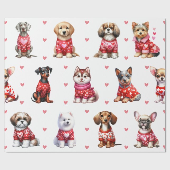 Cute Valentine Day Hundar on White Presentpapper (Platt)