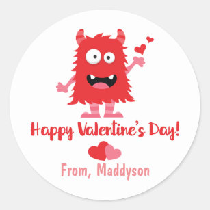 Cute Valentine Day Monster och Hearts Runt Klistermärke