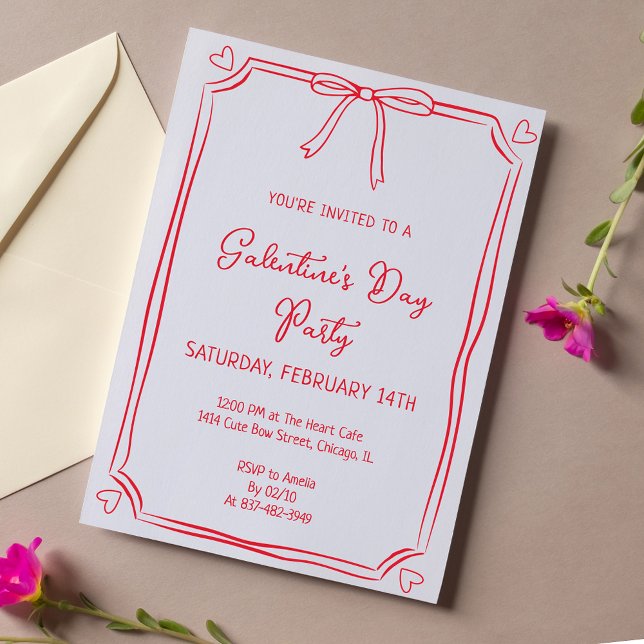 Cute Valentine Day Party Girly Red Bow Hearts Inbjudningar (Skapare uppladdad)