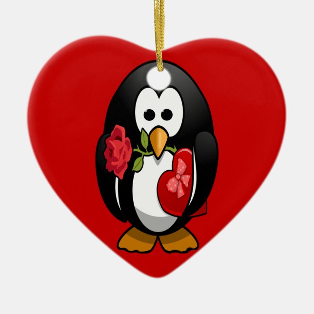 Cute Valentine Day Penguin Funny Tecknad Julgransprydnad Keramik (Framsidan)