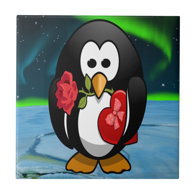 Cute Valentine Day Penguin Funny Tecknad Kakelplatta (Framsidan)