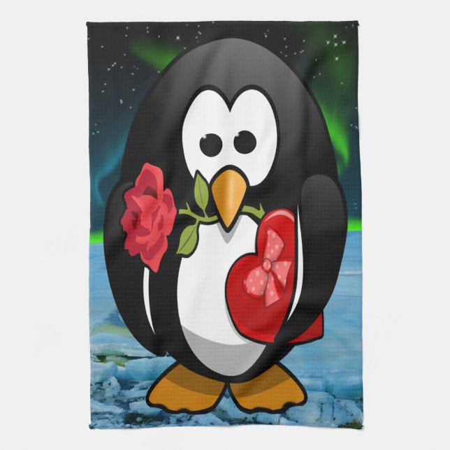 Cute Valentine Day Penguin Funny Tecknad Kökshandduk (Vertikal)