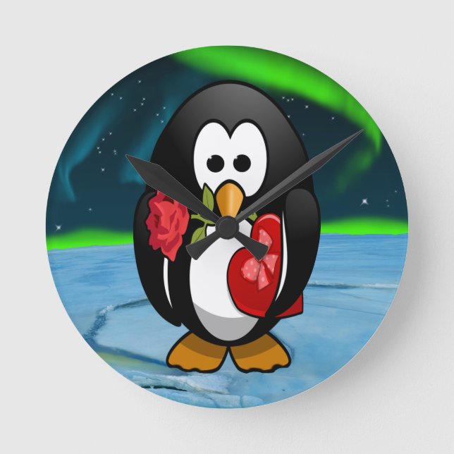 Cute Valentine Day Penguin Funny Tecknad Rund Klocka (Framsida)