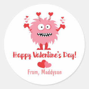 Cute Valentine Day Rosa Monster och Hearts Runt Klistermärke