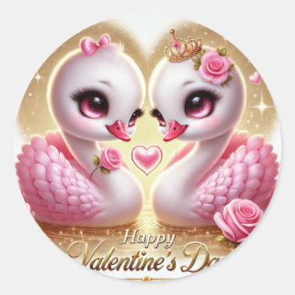 Cute Valentine Day Rosa Svan Sticker Runt Klistermärke