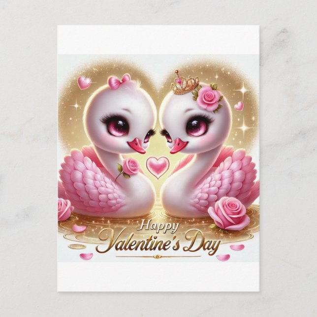 Cute Valentine Day Rosa Svan vykort (Framsida)