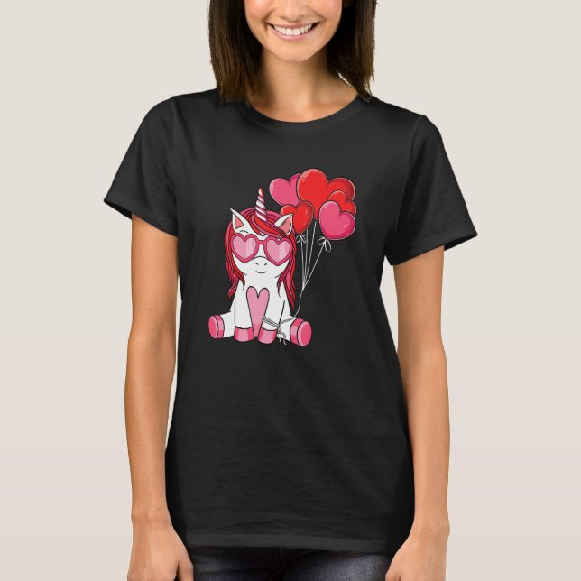 Cute Valentine Day Unicorn Heart Balloon Girls T Shirt (Framsida)
