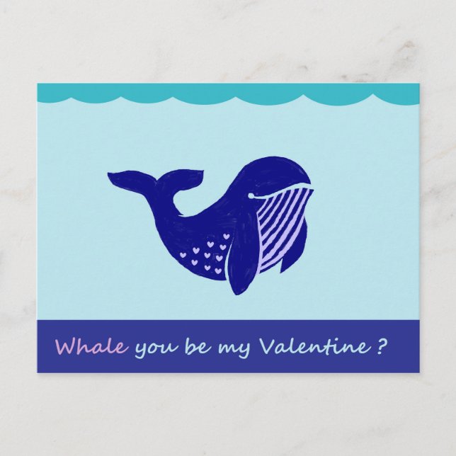 Cute Valentine Day Whale Funny Postcard Helg Vykort (Framsida)