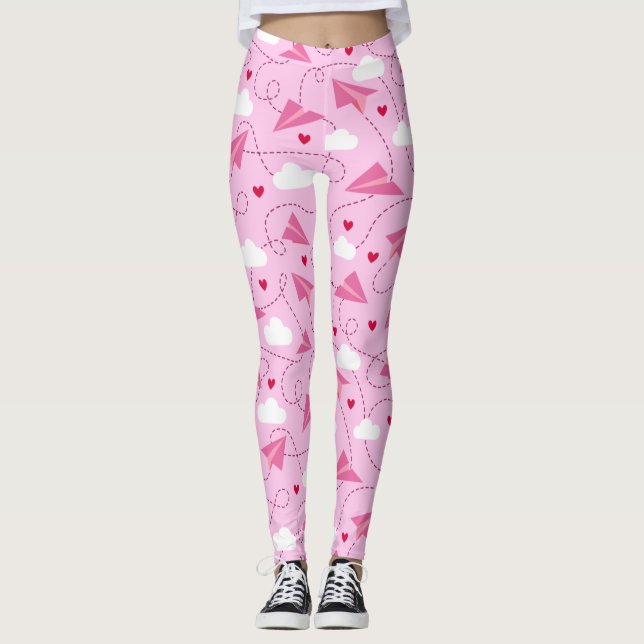 Cute Valentine Flies Airplane Red Rosa Hearearts Leggings (Framsida)