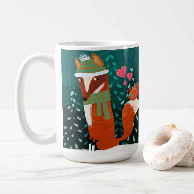 Cute Valentine Fox och kardinal Heart Ceramic Mugg (Med munk)