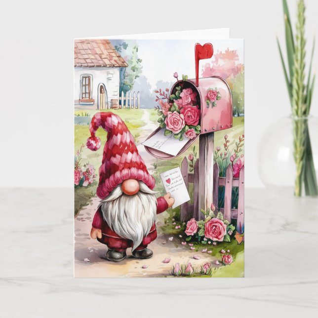 Cute Valentine Gnome At Mailbox Pen Pal Kort (Framsida)