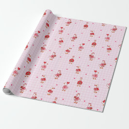Cute Valentine Goose Pattern Hearts Pink Grid  Presentpapper